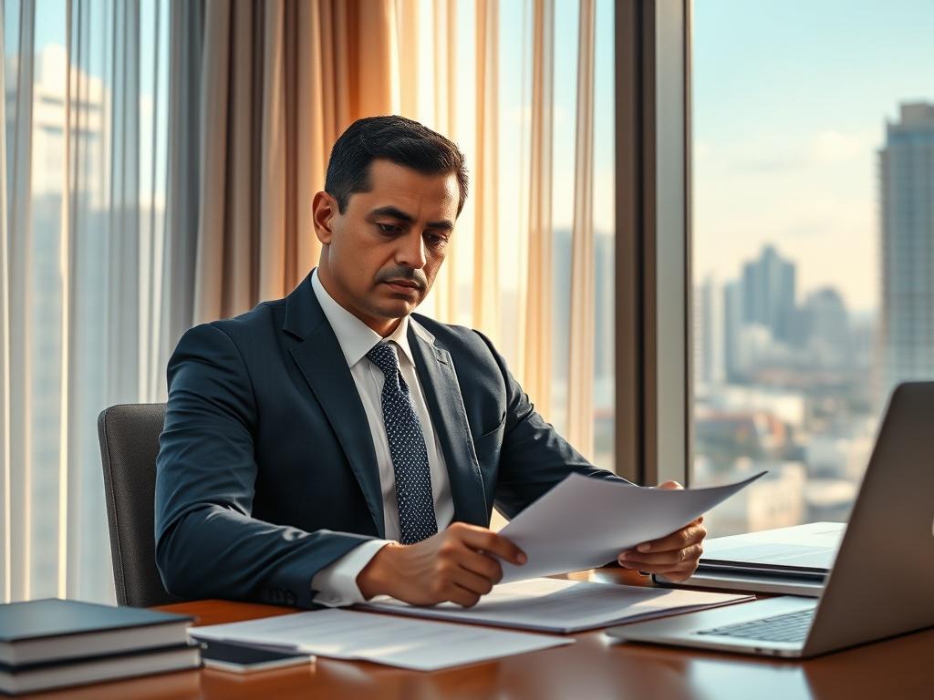 **AI Image Generation Prompt:**

Create a realistic high-resolution image of a professional criminal lawyer seated at a desk in a modern office setting. The lawyer, a Hispanic male in his late 30s, is focused and engaged, reviewing legal documents with a serious expression. He is dressed in a tailored navy blue suit, with a crisp white shirt and a subtly patterned tie. The desk is organized, with a few legal books and a laptop open in front of him.

In the background, include a large window revealing a glim