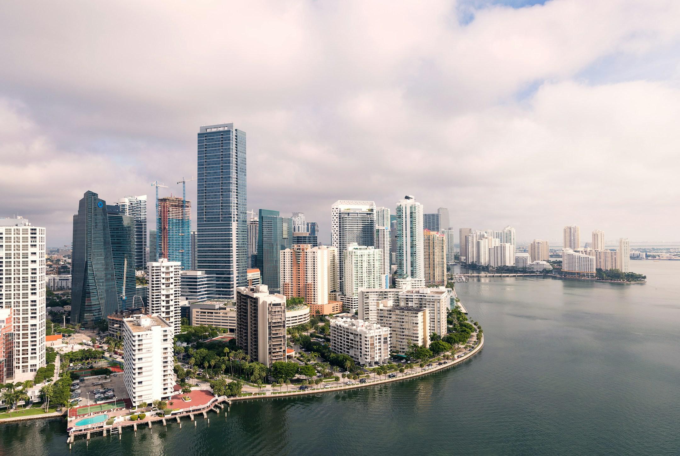 Aerial view of downtown Miami and Brickell from a morning flight on FlyNYON Miami.