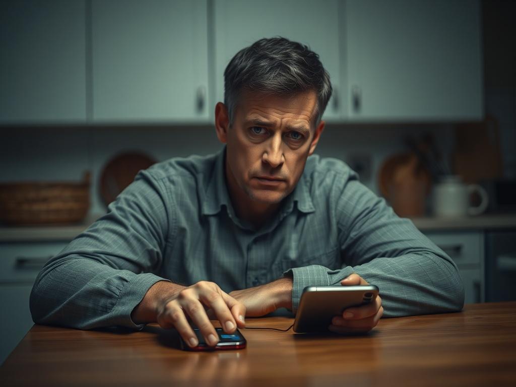 Create a realistic high-resolution photo featuring a middle-aged Caucasian man appearing serious and contemplative, sitting at a dimly lit kitchen table. He has short, dark hair and a worried expression, reflecting deep thought and concern. In front of him, on the table, there’s a smartphone displaying a social media app.

The background should consist of a softly blurred kitchen, creating a sense of intimacy and privacy. There should be muted lighting, focusing on the man and the phone to highlight the imp
