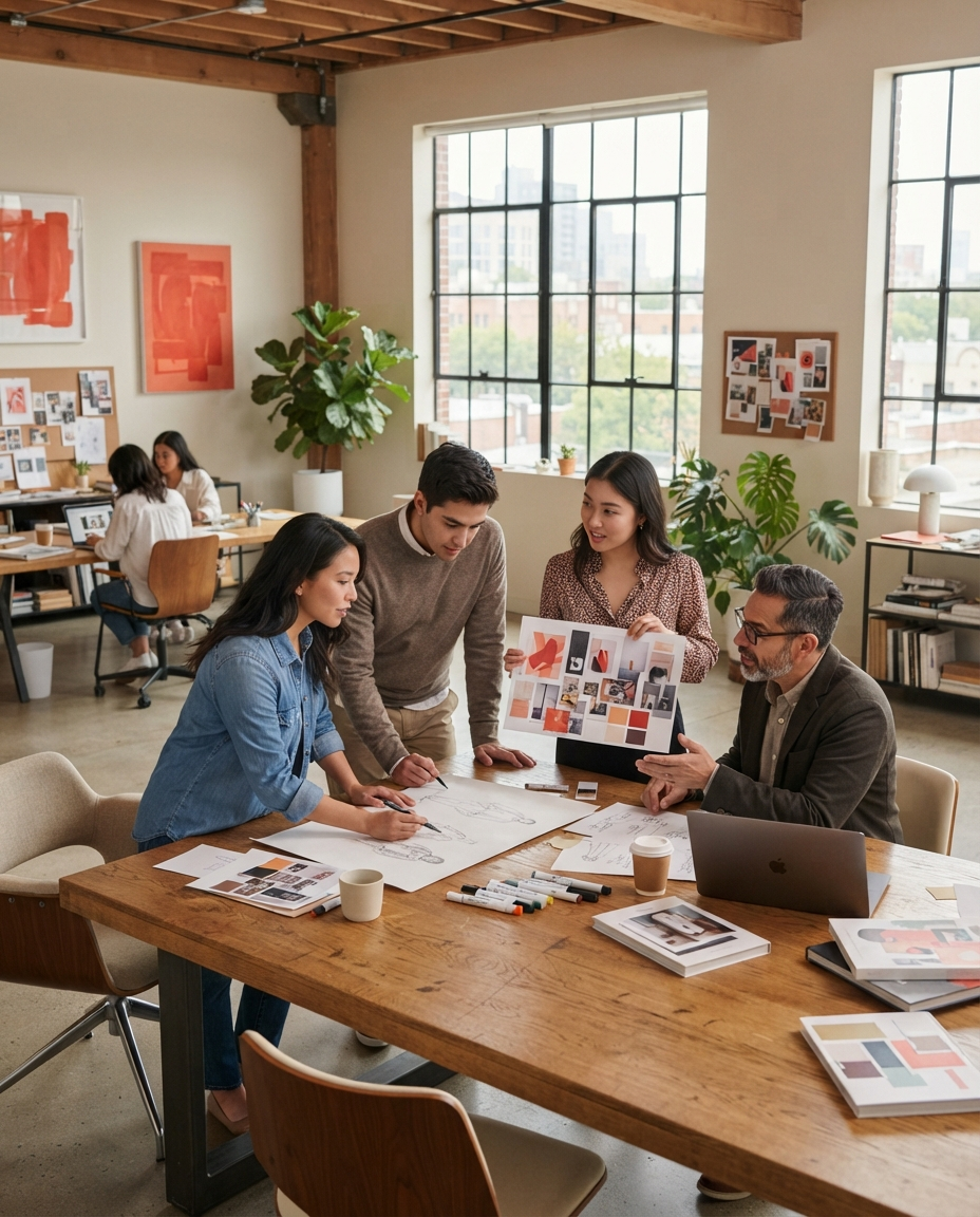 The KINETIK studio — designers collaborating around sketches and moodboards in a bright creative loft