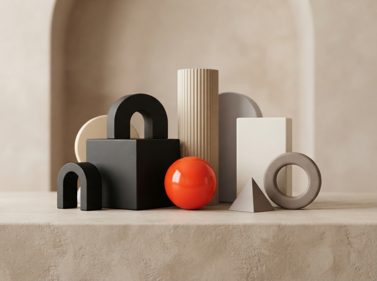 Abstract composition of matte black 3D geometric primitives with one vivid orange-red sphere on a minimal warm background