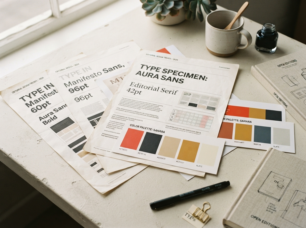 Bold modern typography specimen sheets with vivid orange-red color swatches on a warm off-white desk