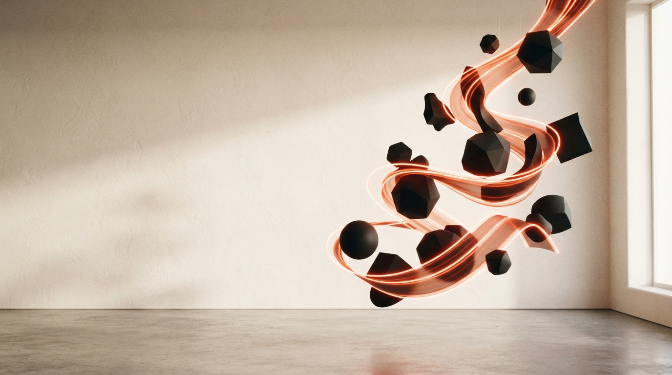 Abstract sculptural composition of flowing orange-red ribbons of light and matte black geometric shapes — KINETIK studio art direction