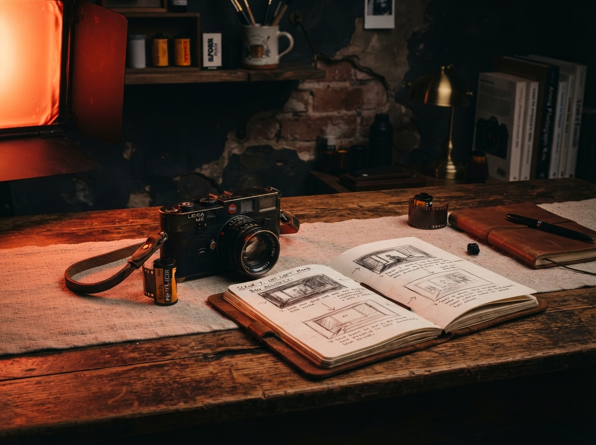 Moody editorial still life of a film camera, storyboard sketches, and a vivid orange-red gel light on warm neutral surfaces