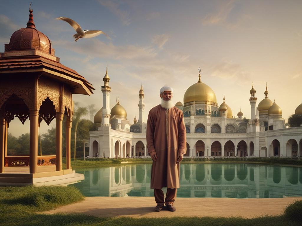 Create a realistic high-resolution photograph that illustrates the concept of "Meningkatkan Pendapatan Properti dengan Wisata Halal." The image should feature a single subject: a confident Muslim property owner standing proudly in front of a charming, well-maintained rental property or villa that reflects subtle Islamic architectural elements such as geometric patterns or arched windows. The owner wears modest, professional attire with a warm expression, symbolizing trust and success. The background should 