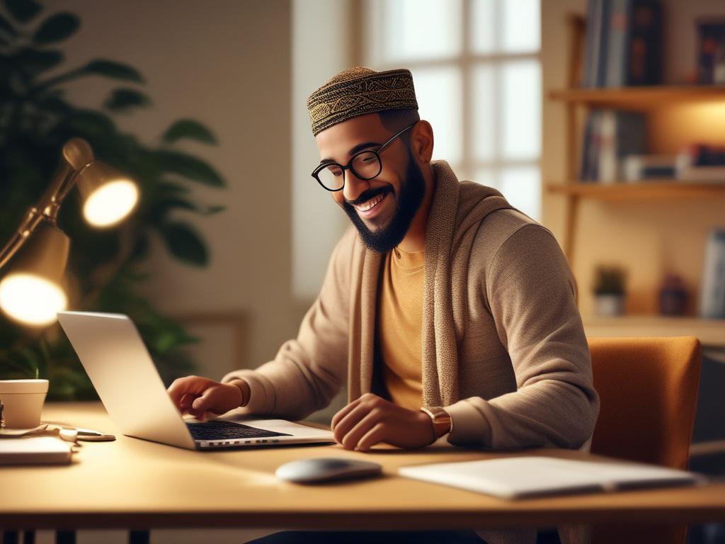 A realistic high-resolution photo of a smiling Muslim man sitting comfortably at a modern home office desk, using a laptop for online registration. The background shows a clean, minimalistic room with warm golden lighting, soft shadows, and cozy decor reflecting a welcoming atmosphere.