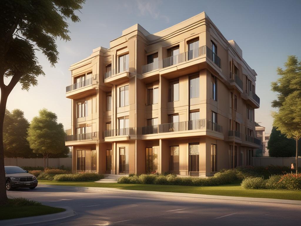 A realistic high-resolution photo of a modern apartment building designed with Islamic architectural elements, featuring a serene and elegant facade. The composition focuses on the building as the single subject, surrounded by a well-maintained garden with soft golden sunlight illuminating the scene. The background includes a clear blue sky with gentle clouds, capturing a peaceful and inviting atmosphere. The colors reflect deep emerald green, warm cream, and soft terracotta hues, with soft lighting to crea