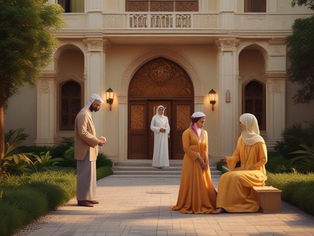A warm scene of a friendly host welcoming a Muslim