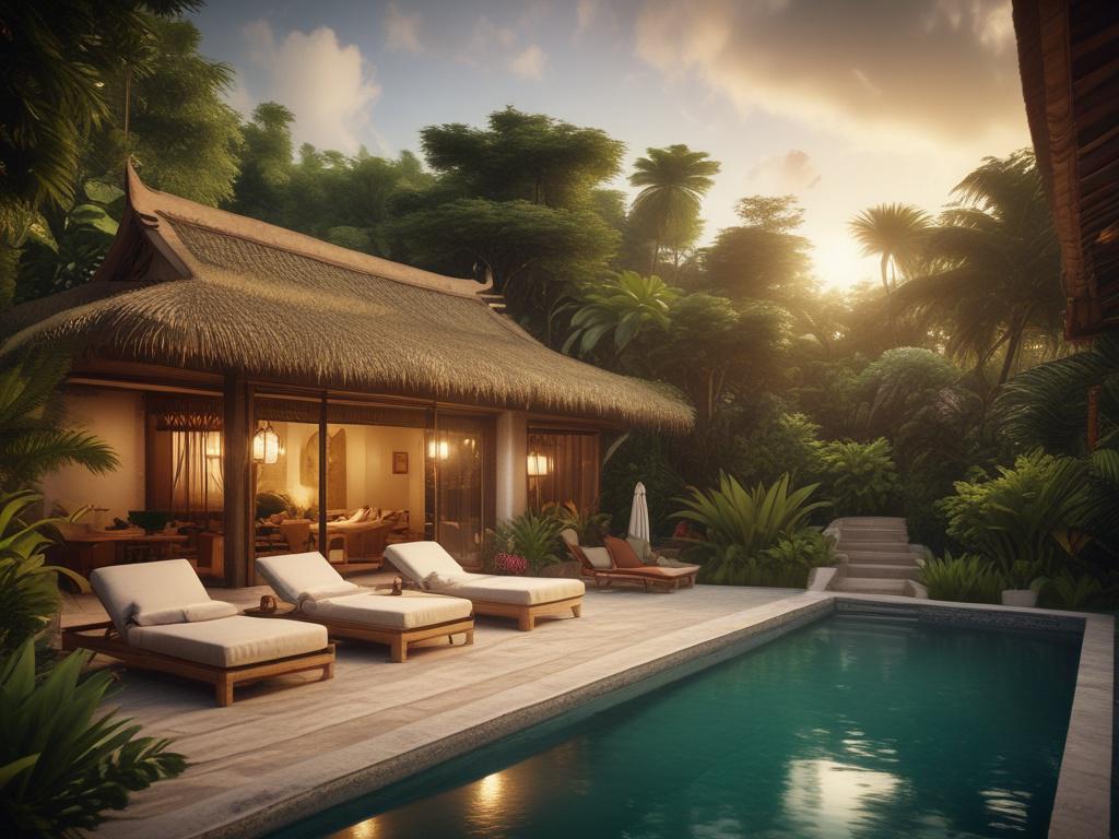 A high-resolution photo of a tropical holiday home in Bali with open-air design, lush green gardens, and a serene atmosphere, featuring Islamic decorative elements, a family enjoying leisure time in warm golden light, with a glimpse of the beach and ocean in the background.