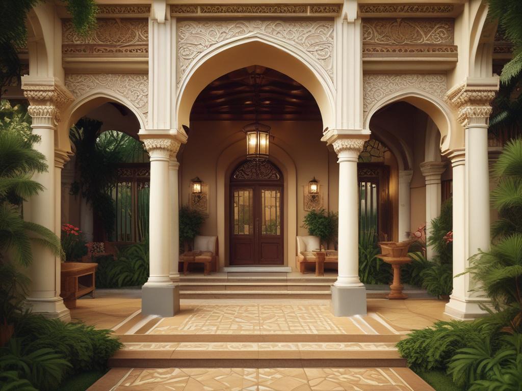A high-resolution photo of a serene villa surrounded by lush greenery in Puncak, Indonesia, featuring Islamic architectural elements such as arches and geometric patterns, with a family enjoying time together in a cozy, golden-hued setting under soft natural light, clear blue sky in the background.