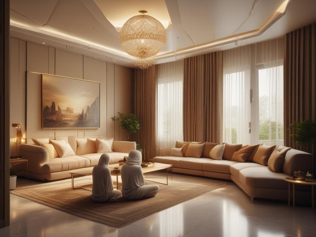 A high-resolution image of a modern apartment building in South Jakarta with sleek design, clean lines, and Islamic motifs subtly integrated, showing a Muslim family praying in a comfortable living room bathed in warm, soft golden lighting, with the city skyline visible through large windows.