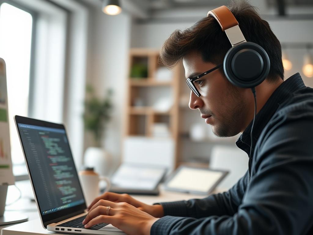 A close up shot of a focused software developer working