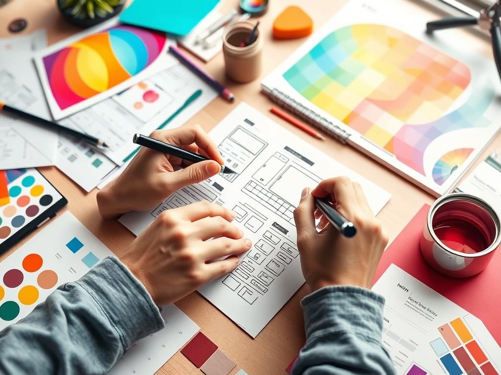 A close up of a designer's hands sketching wireframes and