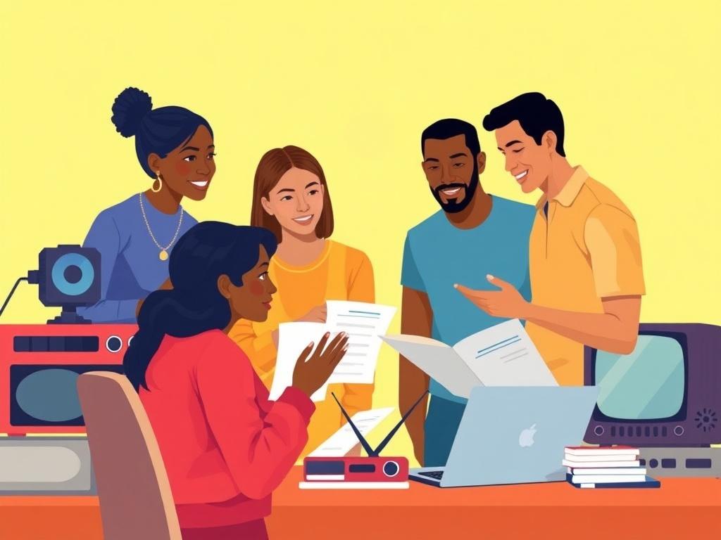 Create a high-quality illustration depicting a diverse group of people collaborating on a communications campaign. Include a Black woman, an Indigenous person, a White person, an Asian person, and a Latin American person, all engaged in a brainstorming session surrounded by various communication tools like radios, televisions, and publications. The background should be bright and inviting, showcasing a creative workspace that emphasizes teamwork and collaboration. Ensure the illustration is vibrant and alig