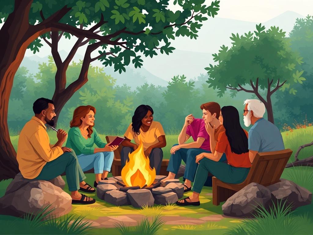 A vibrant, geometric illustration depicting a diverse group of people engaging in a fireside chat in a natural outdoor setting. The scene should include individuals of various ages and backgrounds sitting comfortably around a fire, surrounded by lush greenery and trees. The atmosphere should convey warmth, collaboration, and inclusivity, with a clear focus on the human connections being made in this relaxed environment.