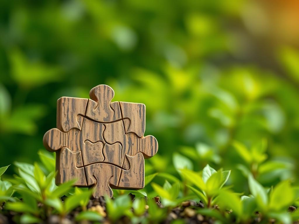 A close-up shot of a large, intricately designed puzzle piece, standing out against a blurred background of vibrant green foliage. The puzzle piece should be the primary focus, showcasing detailed textures and colors, capturing the essence of complexity and connection. The setting conveys a sense of nature and growth, reflecting the theme of strategic thinking and problem-solving.