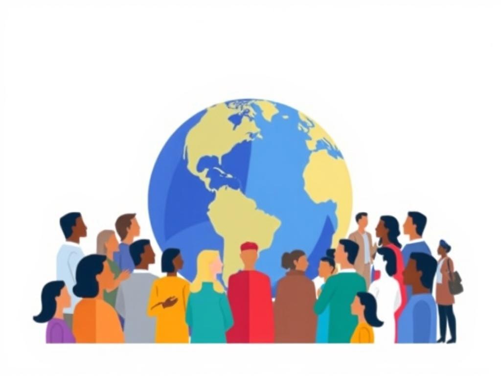 A high-quality illustration depicting the concept of governance with a globe and diverse people. The composition should feature a large globe in the center, symbolizing global governance, surrounded by individuals of various ethnicities and backgrounds, representing collaboration and community engagement. The background should be a simple, light color to enhance the vibrancy of the globe and the people, ensuring a clear and focused visual that emphasizes unity in governance.