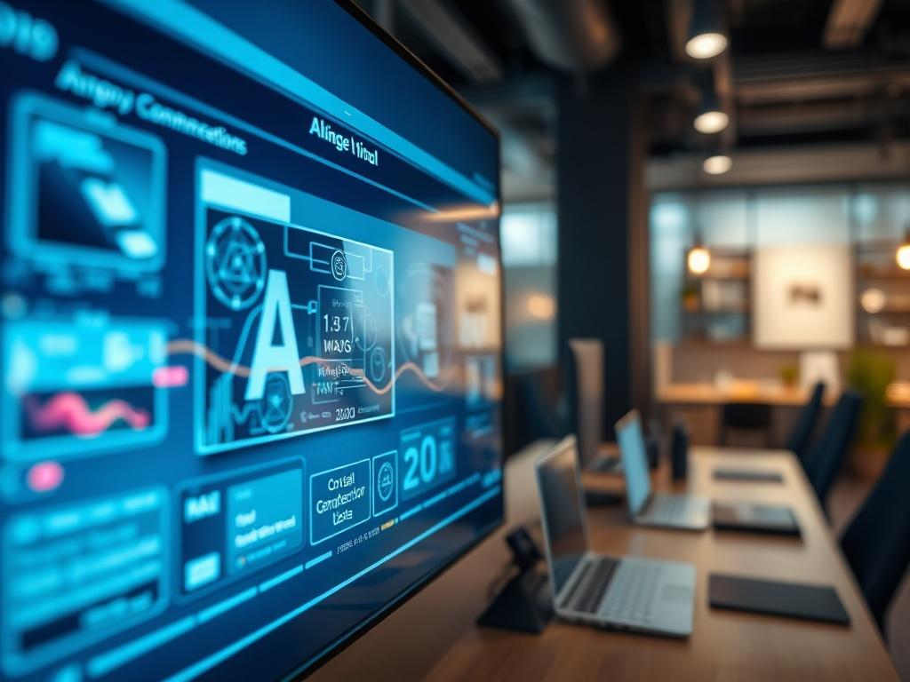 A close-up shot of a digital screen displaying AI-generated video concepts with dynamic graphics. The background should be a modern workspace with sleek design elements, reflecting a creative and innovative atmosphere.