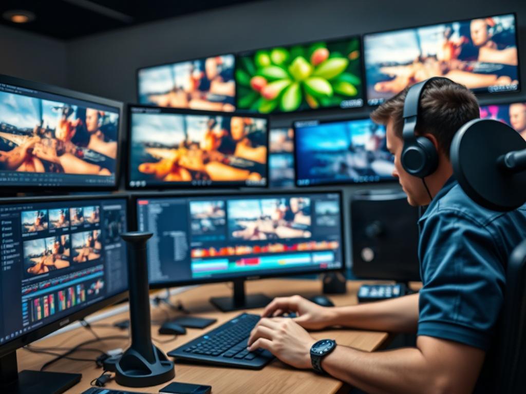 A close-up shot of a professional workspace where a video editor is working on high-end video editing software. The background should feature multiple monitors displaying vibrant video clips, emphasizing a fast-paced production environment.