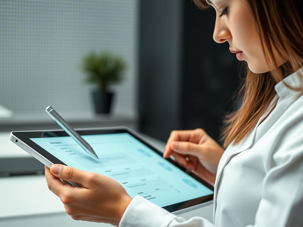 A close-up shot of a person filling out a sleek digital form on a tablet. The background should be a minimalistic, high-tech office setting with a subtle grid-pattern wallpaper. The person appears focused and engaged, showcasing the modern aspects of digital interactions.