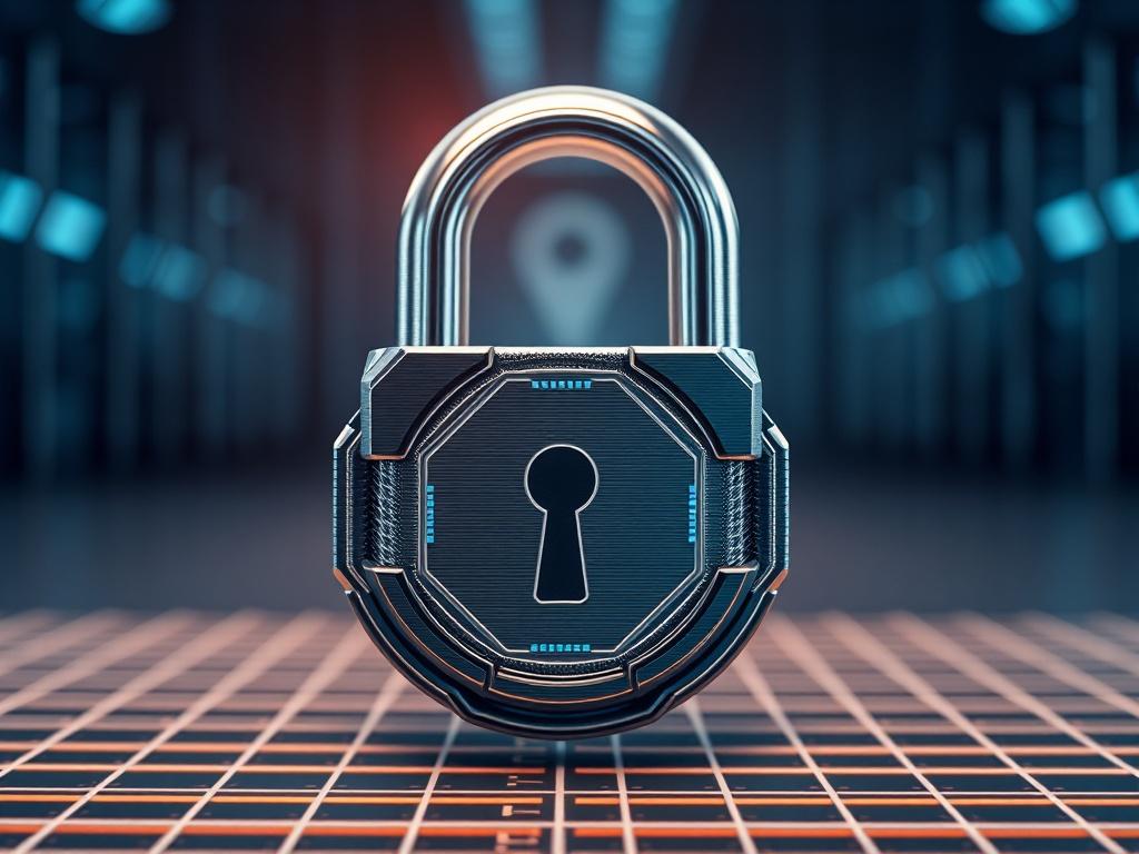 A close-up shot of a high-tech digital lock symbolizing data protection, rendered in hyper-realistic detail. The focus is on the intricate design of the lock with a clean, industrial background featuring subtle grid patterns. The lighting highlights the lock's metallic surface, evoking a sense of security and technology.
