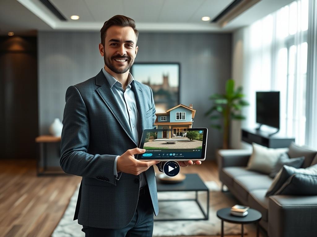 A high-quality image of a professional real estate agent presenting a property. The agent stands confidently in a well-lit, modern living room, holding a tablet that displays an AI-generated video tour of the property. The background includes sleek furnishings and a subtle grid-pattern wallpaper to emphasize the automation theme. The color palette features deep obsidian with touches of industrial silver and electric teal, conveying a clean and sophisticated aesthetic. The focus is on the agent's engagement 