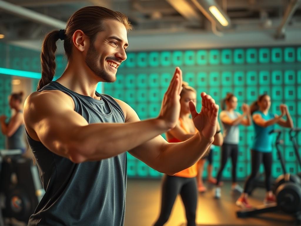 An energetic shot of a fitness instructor leading a high-intensity workout session. The instructor is demonstrating a dynamic exercise move, with participants engaged in the background. The setting is a modern gym with high-tech equipment, showcasing an environment that blends fitness and technology. The lighting is bright and vibrant, enhancing the electric teal accents in the gym decor. The subtle grid-pattern design in the background reinforces the robotic, clean aesthetic of the brand, emphasizing the i