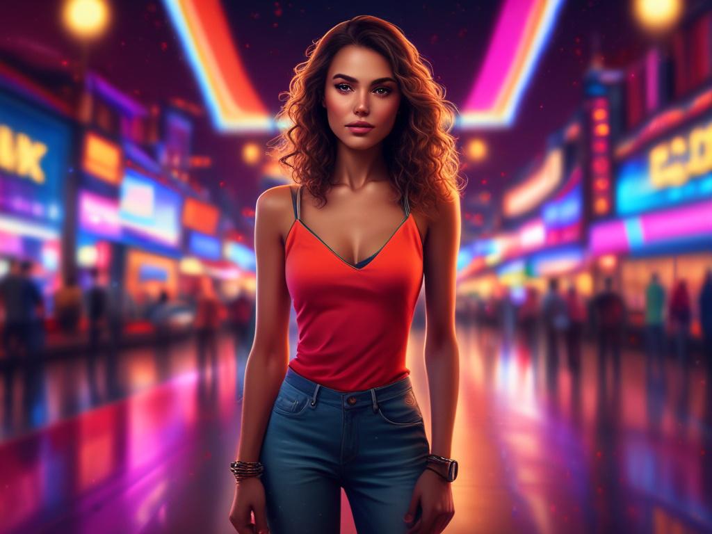 A lively scene featuring a beautiful woman dressed for a