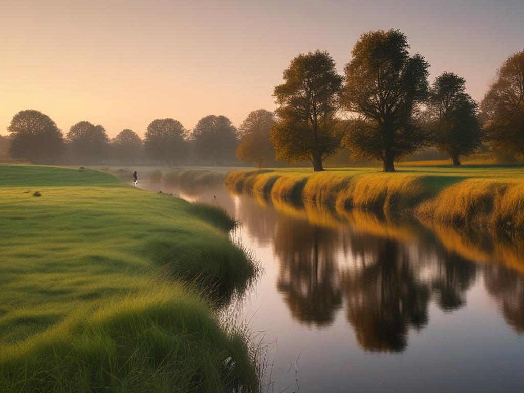 Create a highly detailed, realistic high-resolution image that embodies the theme of "De waarde van stilte en reflectie in een druk bestaan." The composition should be simple and clear, featuring a single subject—a serene individual, preferably a woman in her 30s, sitting cross-legged on a grassy hillside. She is gazing thoughtfully into the distance, embodying a sense of peace and introspection amidst nature.

The background should showcase a soft, tranquil landscape of gentle hills and a setting sun, crea