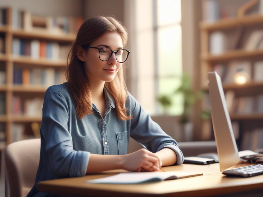 a student engaged in an online course, focused and determined,