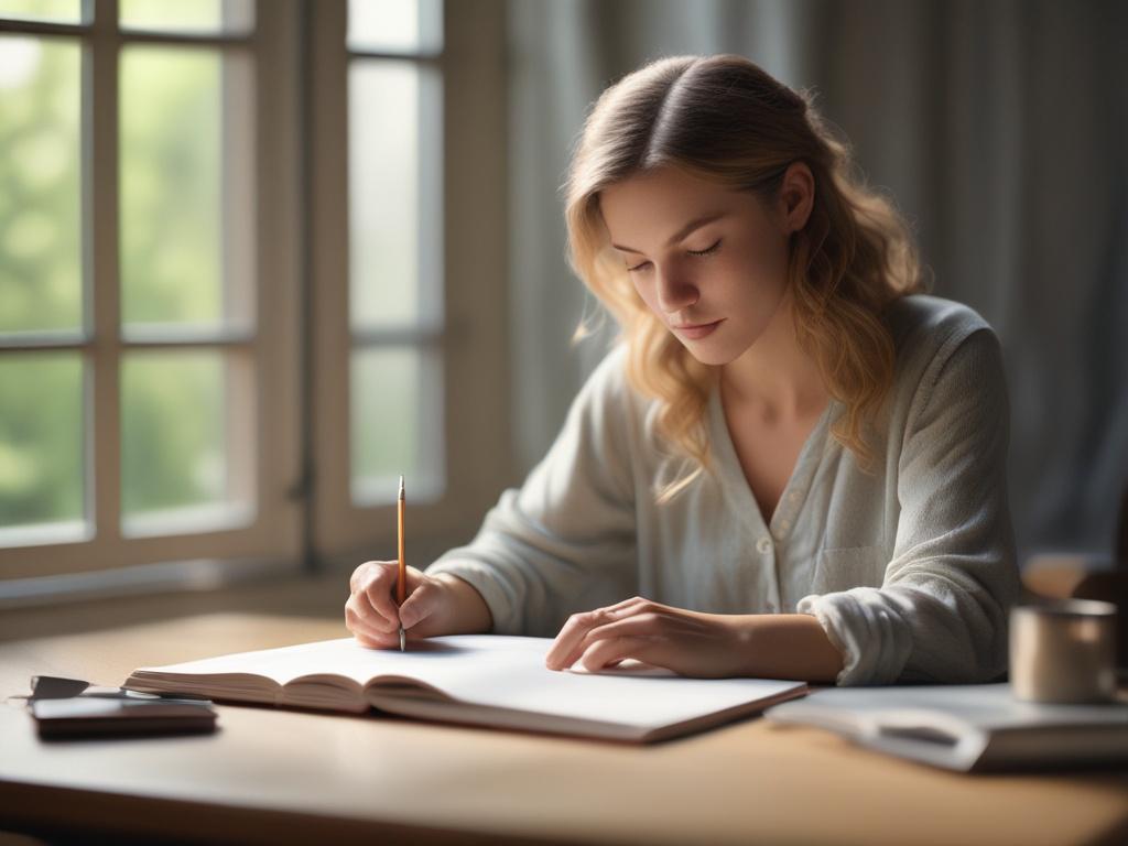 a serene person journaling in a peaceful environment, soft lighting,