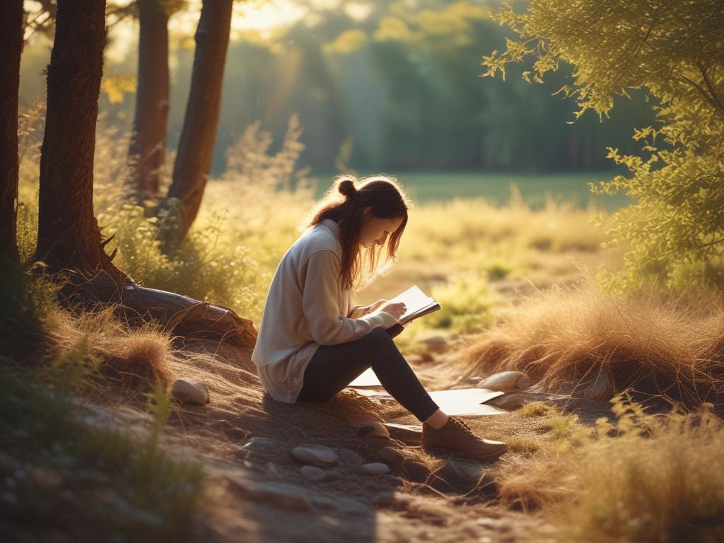 a tranquil scene of a person journaling outdoors in nature,