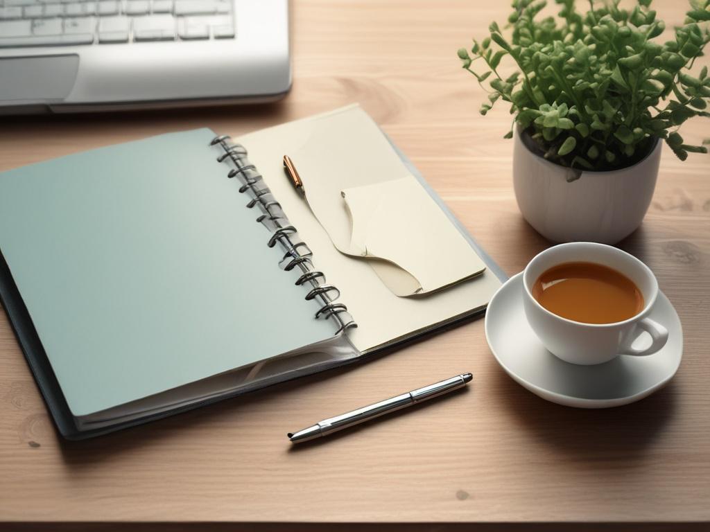 a calm workspace with a planner and a cup of