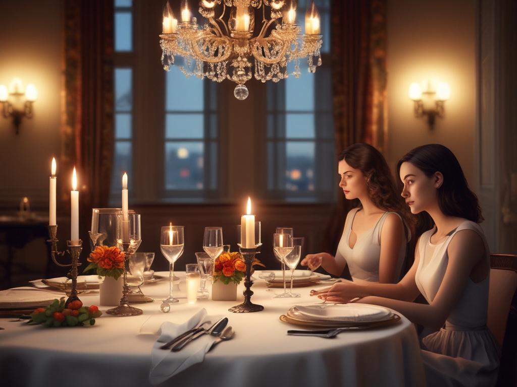 A charming woman elegantly dressed at a beautifully set dinner