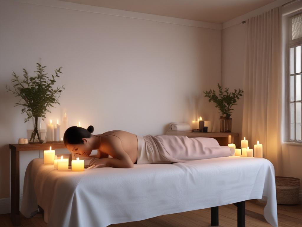 A serene setting featuring a beautiful woman preparing a massage