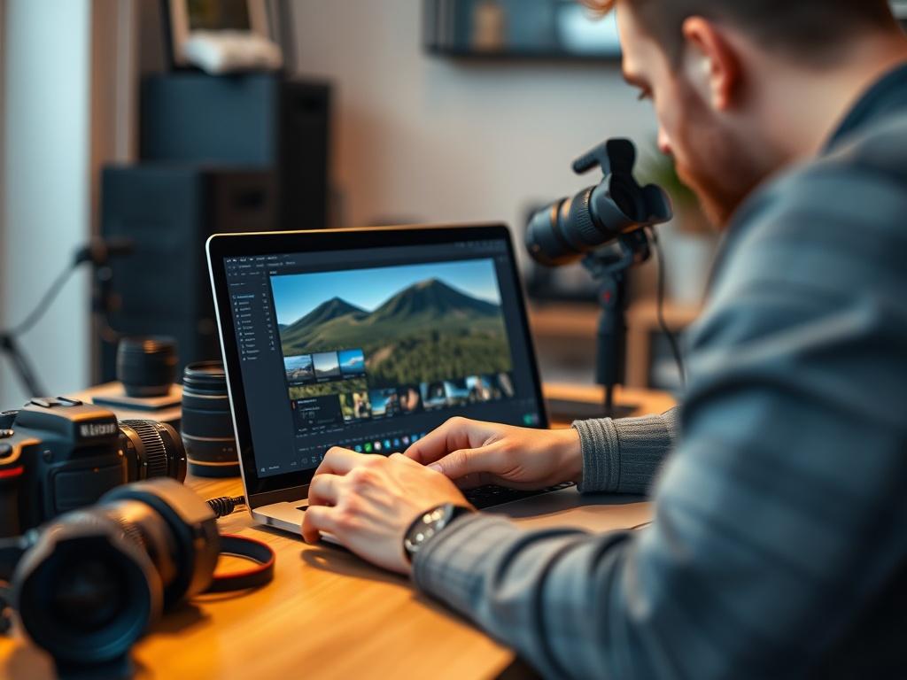 A close up shot of a photographer editing a on