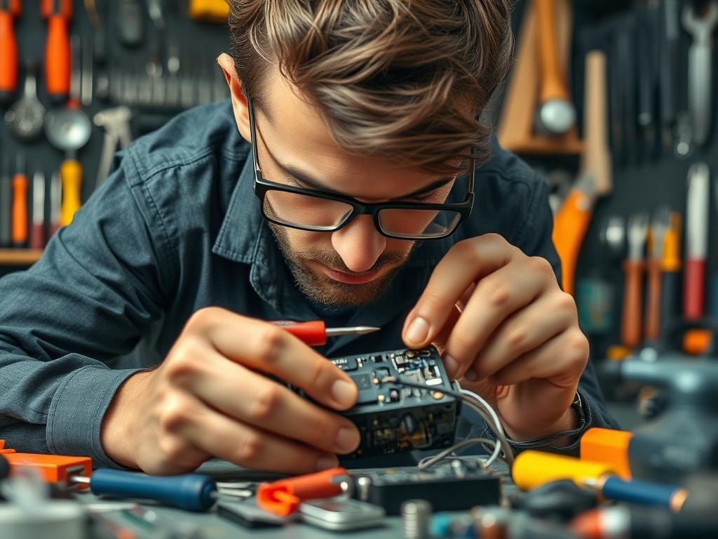 A detailed shot of a person repairing a gadget, surrounded