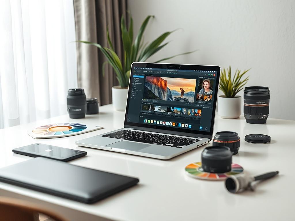 Create a realistic high-resolution photo that encapsulates the theme "Mastering Photo Editing Techniques." The composition should be simple and clear, featuring a solitary subject: a focused, modern workspace. Place a sleek laptop with a vibrant display open to a photo editing software interface at the center of the image. 

The background should be minimalistic, with a blurred depth of field, emphasizing the laptop while providing a soothing, clutter-free environment. Include soft, natural lighting that hi