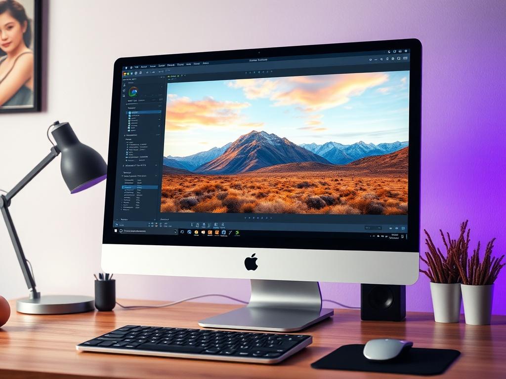 A hyper-realistic close-up shot of a beautifully edited photo displayed on a computer screen. The image should have vibrant colors, showcasing a landscape or portrait that highlights the editing process. The background should be a simple, clean workspace with a blurred effect to draw attention to the screen. The composition should focus solely on the screen, capturing the essence of professional photo editing.