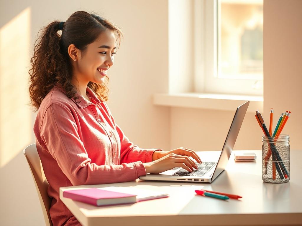 **AI Image Generation Prompt:**

Create a realistic high-resolution photo that embodies the essence of a blog titled "Exploring Vibrant Blogging: A Guide." The composition should be simple and clear, focusing on a single subject—a young woman seated at a bright, minimalist desk, engrossed in writing on a laptop. She exudes enthusiasm and creativity, with a vibrant smile that reflects her passion for blogging. 

The background should be airy and uncluttered, featuring soft pastel colors that complement the p