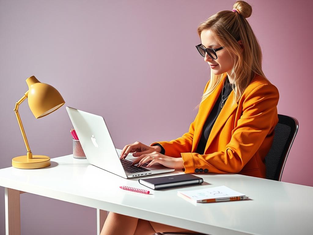 A vibrant, high resolution image of a stylish blogger sitting