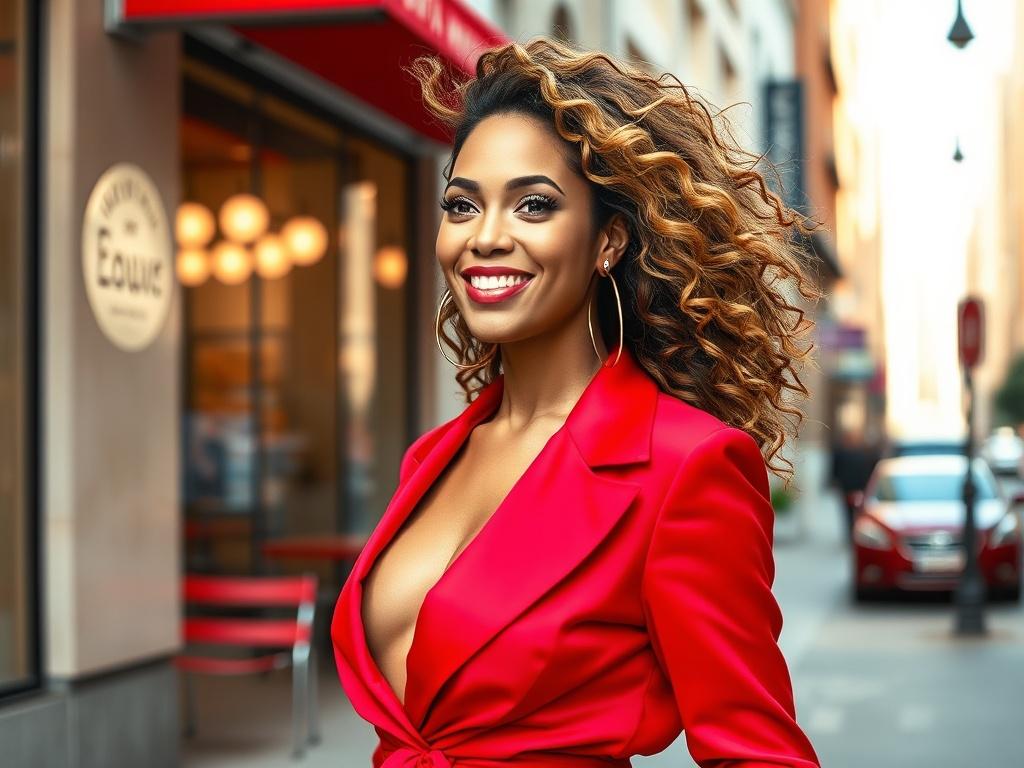 Create a realistic high-resolution photo that captures the essence of a chic urban setting for a blog titled "Unleashing Your Inner Diva: The Beyoncé Style Guide." The composition should be simple and clear, featuring a single subject—a woman exuding confidence and elegance, inspired by Beyoncé's iconic style. 

The subject should possess a radiant smile and a poised stance, dressed in a glamorous outfit that showcases bold colors and elegant silhouettes, reminiscent of Beyoncé's fashion choices. Her hair s