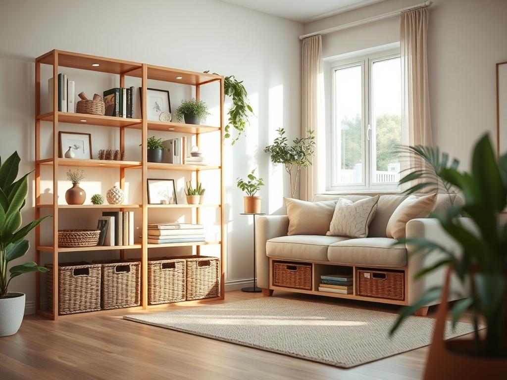 **AI Image Generation Prompt:**

Create a realistic high-resolution photo that reflects the theme of "Maximizing Space Efficiency in Small Homes." The image should feature a beautifully designed small living room that showcases clever space-saving solutions. The composition should be simple and clear, focusing solely on the subject of the room without any distractions.

In the foreground, include a well-organized open shelving unit that displays various decorative elements, books, and plants, emphasizing th