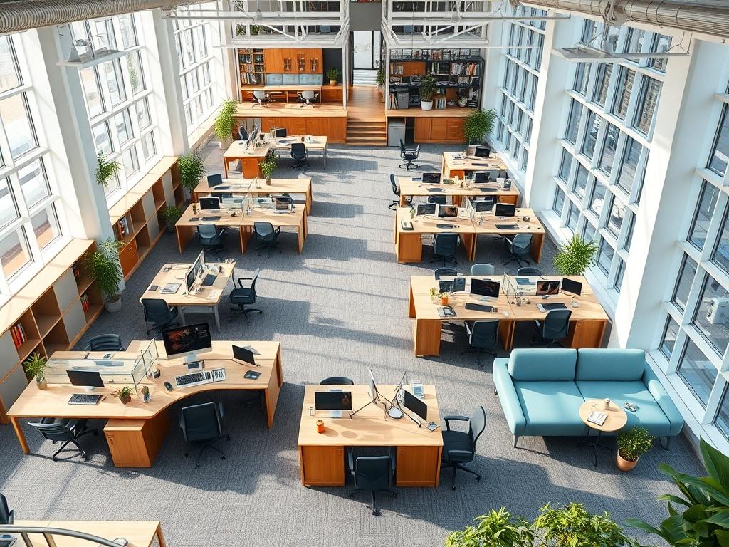 A dynamic layout of an office space showcasing creative desk arrangements, comfortable seating areas, and ample natural light. The design emphasizes open space and functionality, highlighting how innovative planning improves work efficiency. Capture the essence of a modern workspace in a hyper-realistic style, with a focus on clean lines and inviting atmosphere.