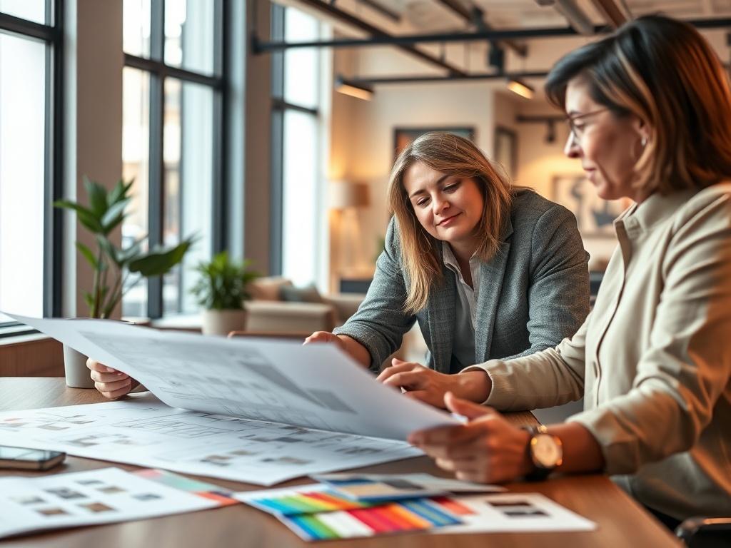 An interior designer reviewing floor plans with a client in a modern office setting. The scene showcases a collaborative atmosphere, with design materials and color swatches spread out on the table. Focus on the engaged expressions of both the designer and client, highlighting the professional, interactive process of project coordination, captured in a hyper-realistic style.