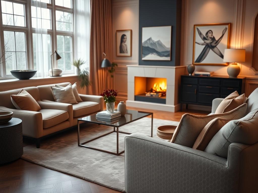 A beautifully designed living room featuring a blend of modern and classic furniture, with warm lighting and elegant decor. The room showcases a harmonious color palette, incorporating soft textures and stylish accessories. The scene should focus on the inviting ambiance, emphasizing comfort and sophistication, with a hyper-realistic style, captured in a close-up shot.