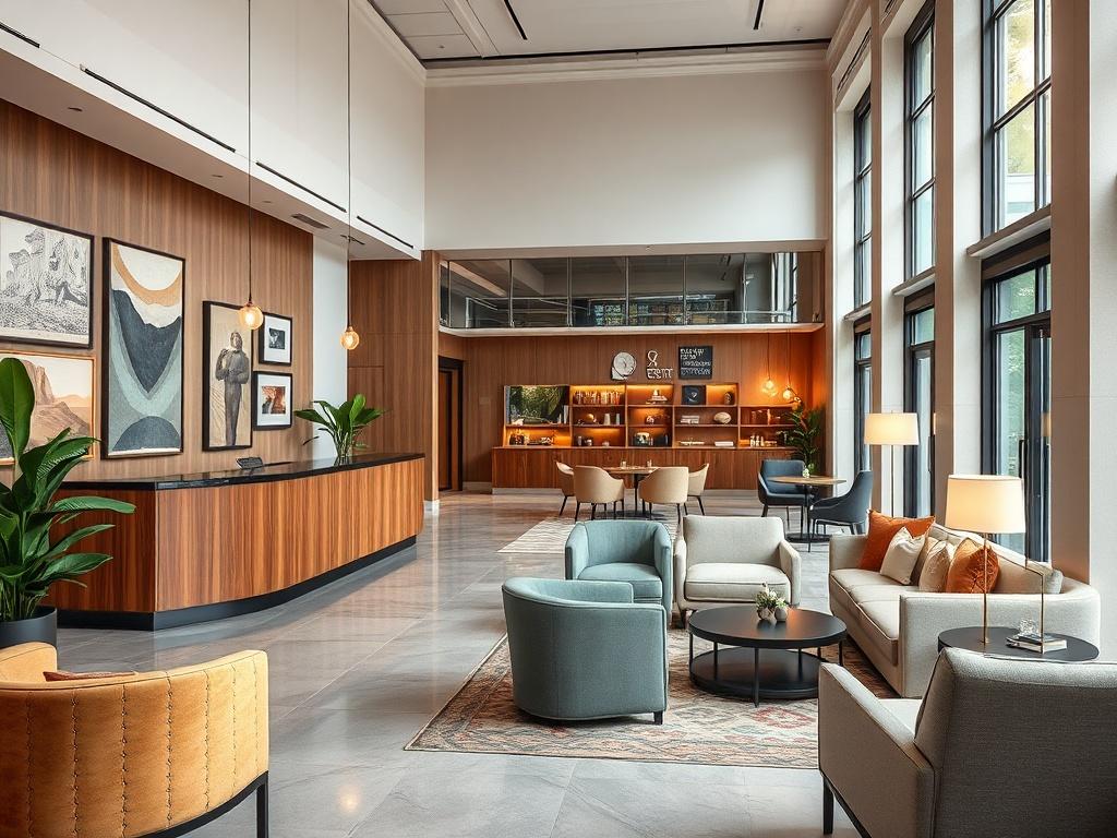 A stylish boutique hotel lobby featuring modern furnishings, art, and inviting decor, shot with a 45mm f/1.2 lens. The space showcases a blend of contemporary design and local artwork, with comfortable seating arrangements and elegant lighting. A reception desk made of rich wood welcomes guests, while large windows illuminate the area with natural light. The color scheme includes soft neutrals with pops of color, creating an inviting and sophisticated atmosphere for visitors.