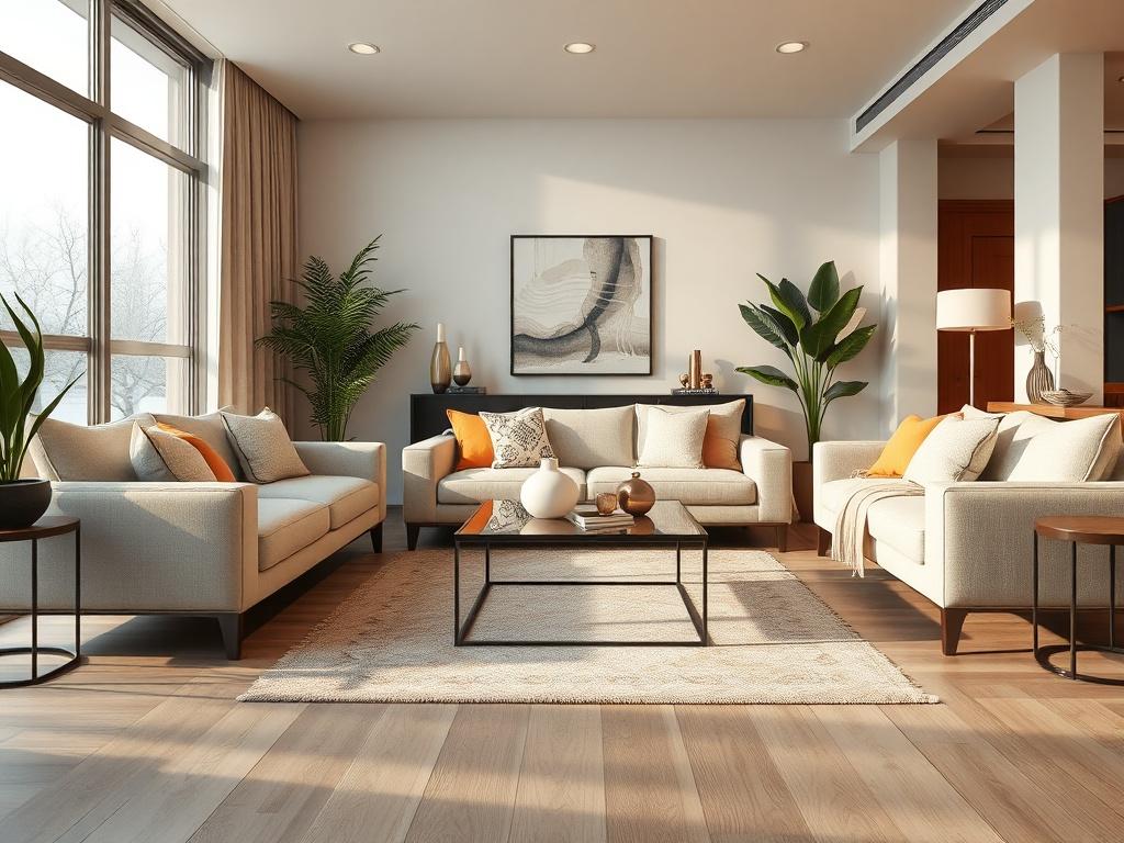 A beautifully designed modern living room featuring sleek furniture, warm lighting, and a cozy atmosphere, shot with a 45mm f/1.2 lens. The room showcases a blend of contemporary design elements and comfort, with large windows allowing natural light to flood the space. The color palette includes soft neutrals with touches of earthy tones, ensuring a warm and inviting environment. A coffee table with decorative elements sits in the center, and a stylish area rug adds texture to the floor.