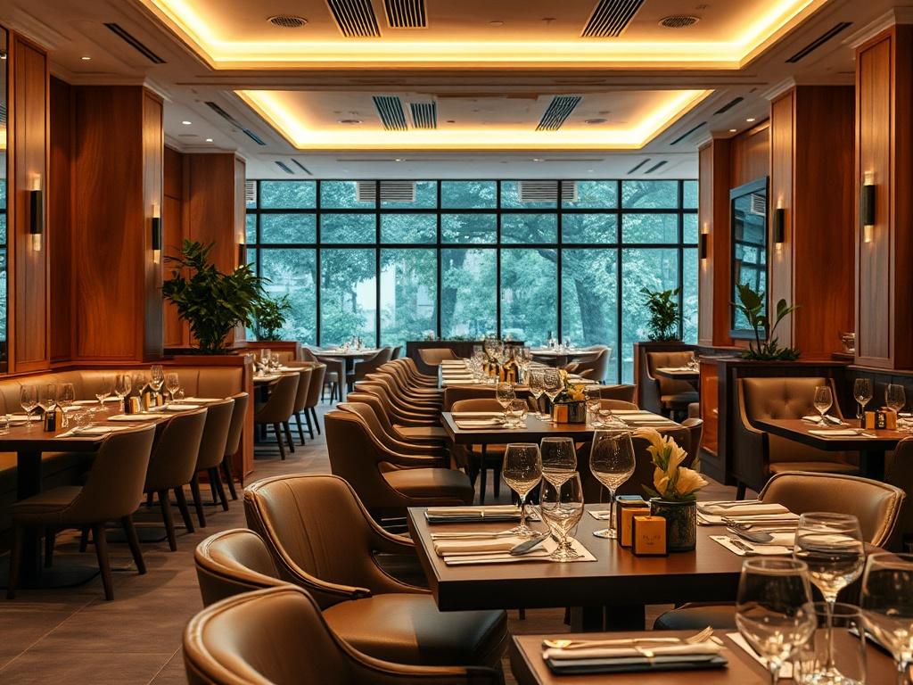 An elegant restaurant interior showcasing stylish seating, ambient lighting, and tasteful decor, shot with a 45mm f/1.2 lens. The design features wooden accents, soft color tones, and carefully placed greenery to create a sophisticated dining atmosphere. Tables are set for guests, with polished cutlery and decorative centerpieces, inviting diners to enjoy their meals in comfort. The lighting casts a warm glow, enhancing the inviting ambiance and highlighting the beautiful design elements throughout the spac