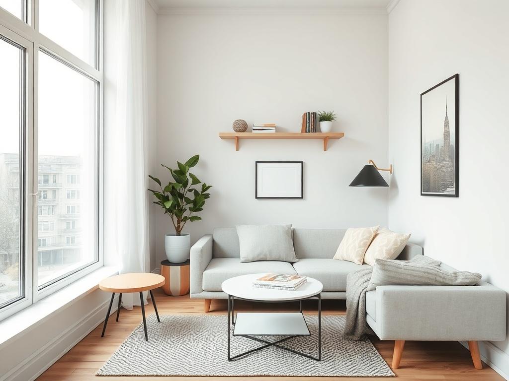 **Prompt for AI Image Generator:**

Create a realistic high-resolution photo that encapsulates the essence of small interior spaces. The composition should be simple and clear, focusing on a beautifully designed tiny living area that exemplifies smart space-saving strategies. 

**Subject Matter:**
Feature a cozy, modern living room that effectively utilizes small space design principles. The room should include a stylish, multi-functional sofa that converts into a bed, complemented by a compact coffee table